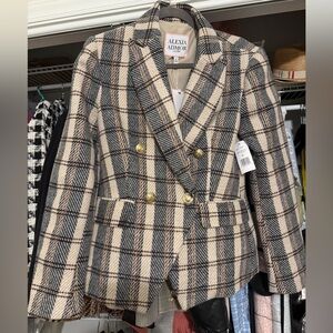 Alexia Admor Wool Blend Tweed Classic Double Breasted Blazer Brown Plaid size 6